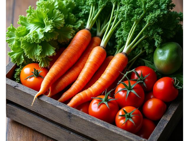 Artfully arranged seasonal vegetables in a rustic wooden box